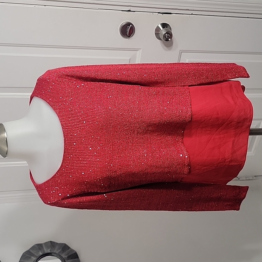 Giani Bini Red Christmas Glittery Layered Blouse Side Slit Sweater M